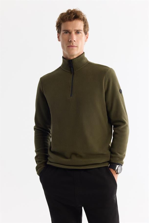 Yeşil Basic Yarım Fermuarlı Polar Sweatshirt