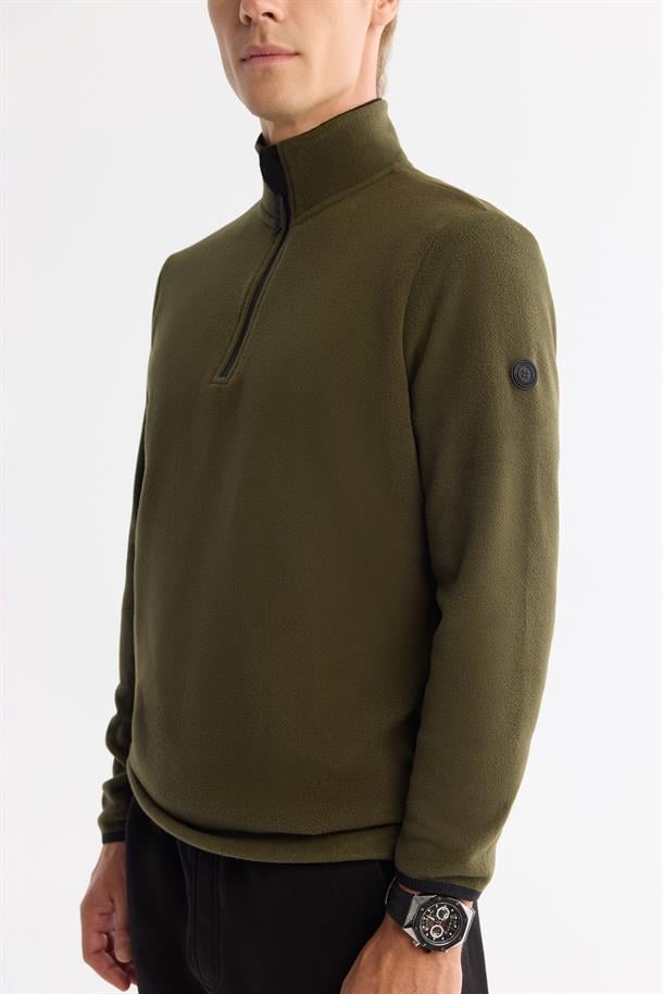 Yeşil Basic Yarım Fermuarlı Polar Sweatshirt