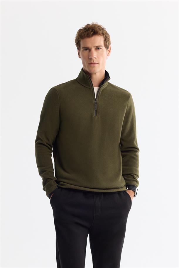 Yeşil Basic Yarım Fermuarlı Polar Sweatshirt