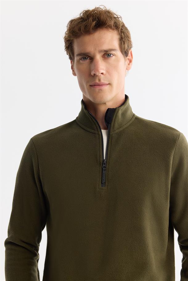 Yeşil Basic Yarım Fermuarlı Polar Sweatshirt