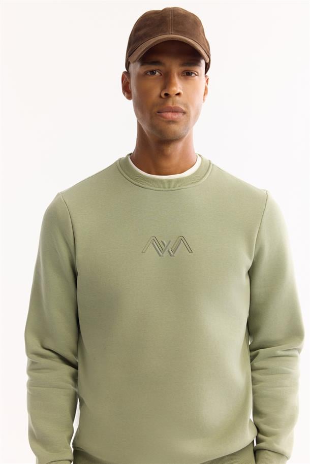 Yeşil Bisiklet Yaka İçi 3 İplik Şardonlu Sweatshirt