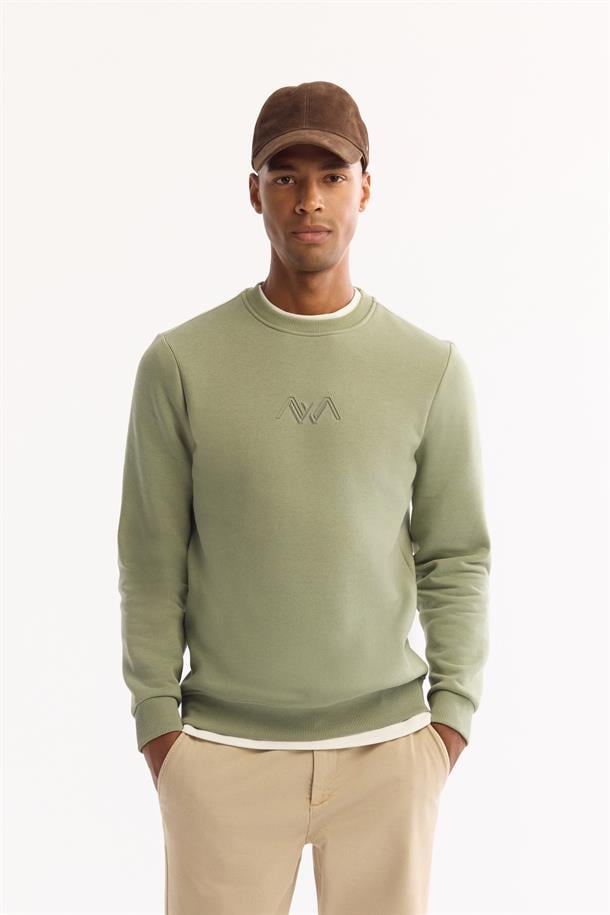 Yeşil Bisiklet Yaka İçi 3 İplik Şardonlu Sweatshirt