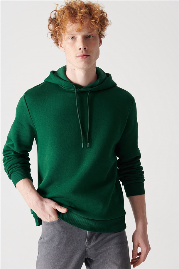 Yeşil Kapüşonlu Yaka Baskılı Sweatshirt