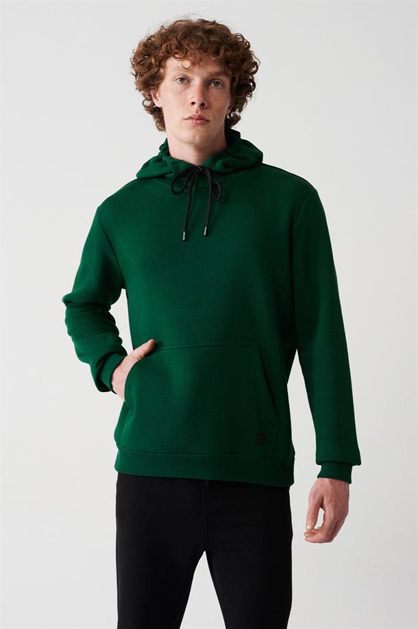 Yeşil Kapüşonlu Yaka İçi Polarlı 3 İplik Pamuklu Regular Fit Standart Kesim Unisex Sweatshirt
