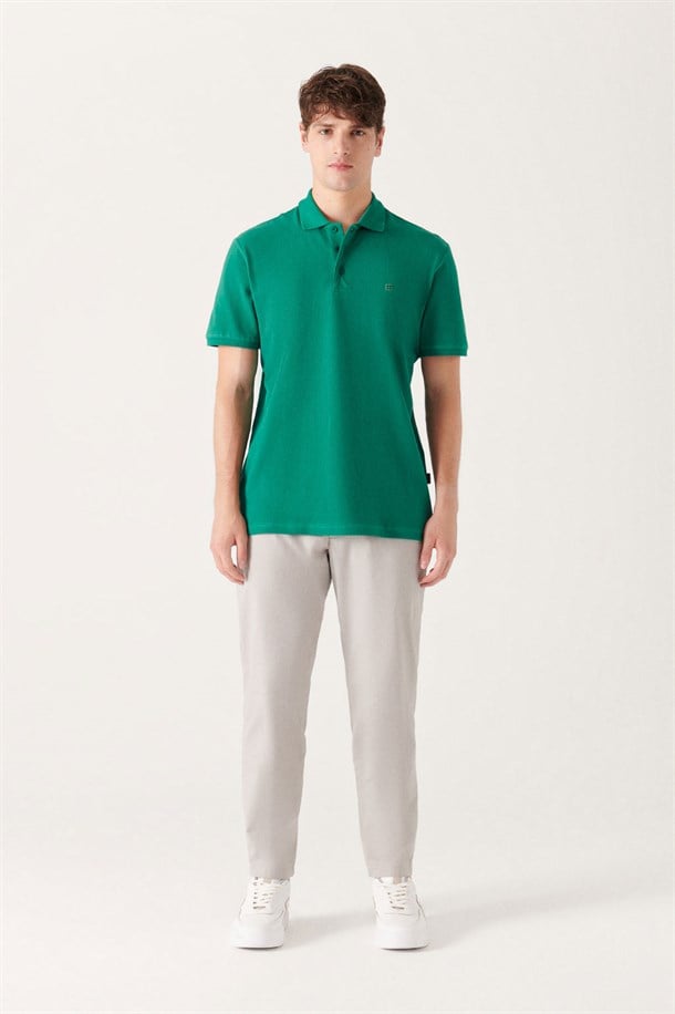 Yeşil Polo Yaka Slim Fit %100 Pamuk Basic T-Shirt