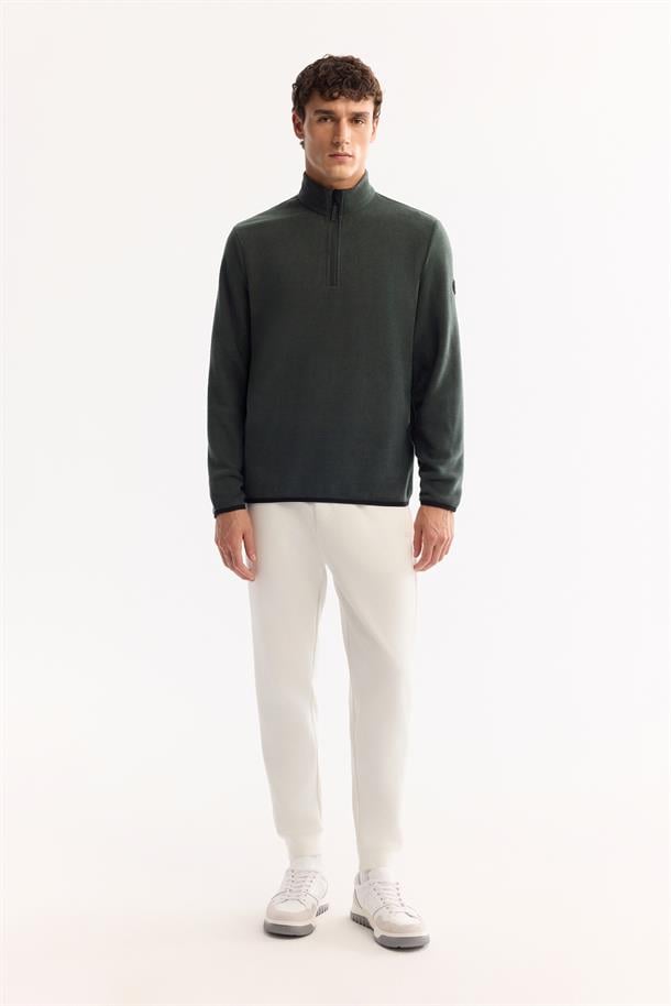 Yeşil Soğuğa Dayanıklı Yarım Fermuarlı Dik Yaka Polar Sweatshirt