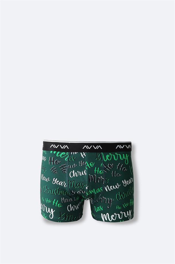 Yeşil Yılbaşı Desenli Tekli Kutu Boxer