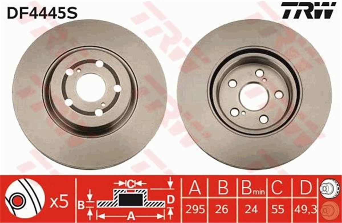 AVENSISÖN FREN AYNASI AVENSIS 2.4-2.0D-4D 03 COROLLA VERSO 1.8-2.0D-4D 04 295X26X5DLXHAVALI TRW DF4445STRWTRW DF4445S