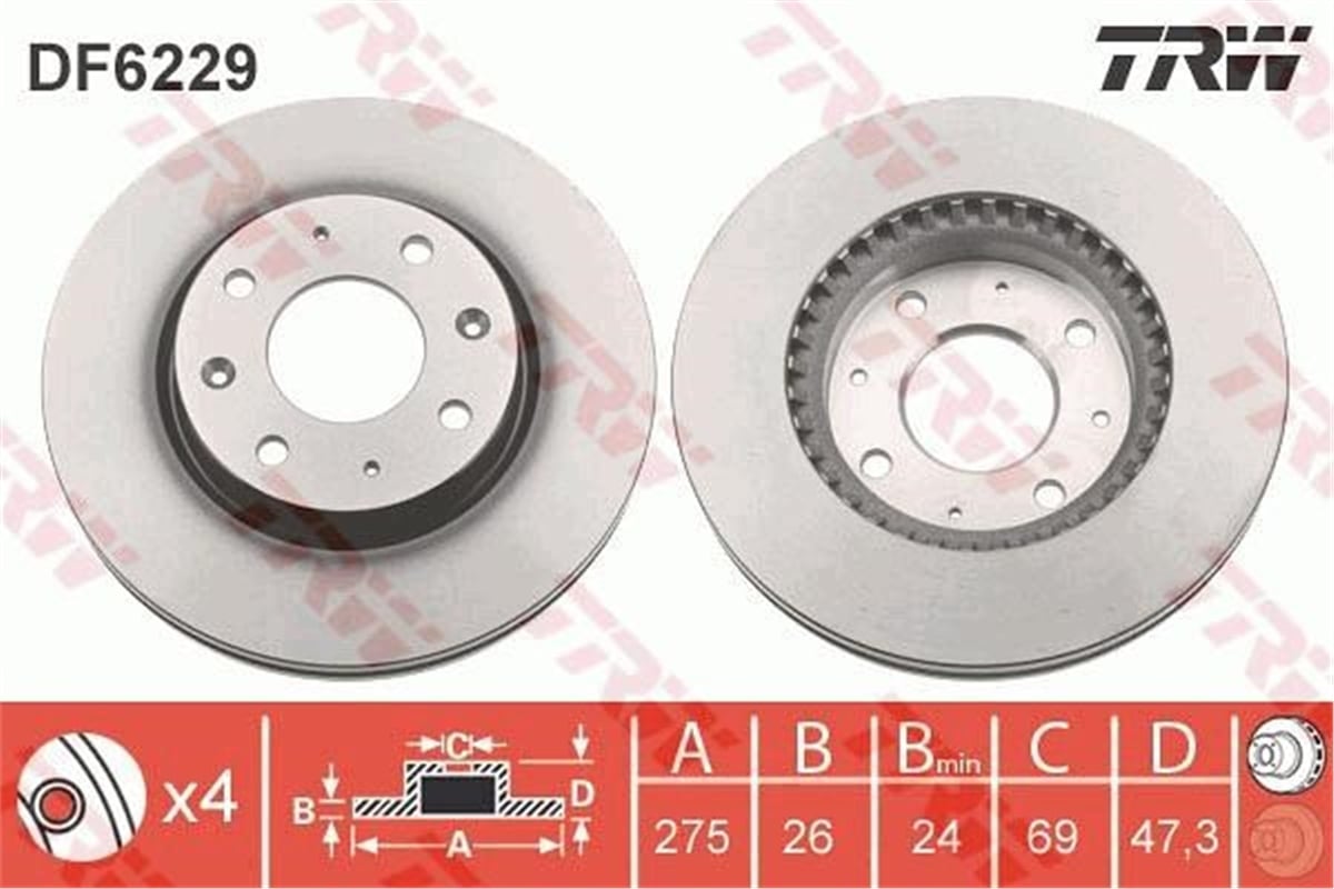 CERATOÖN FREN AYNASI KIA CERATO 1.6-2.0 16V 04 1.5-2.0CRDI 04 275X26X4DLXHAVALI TRW DF6229TRWTRW DF6229