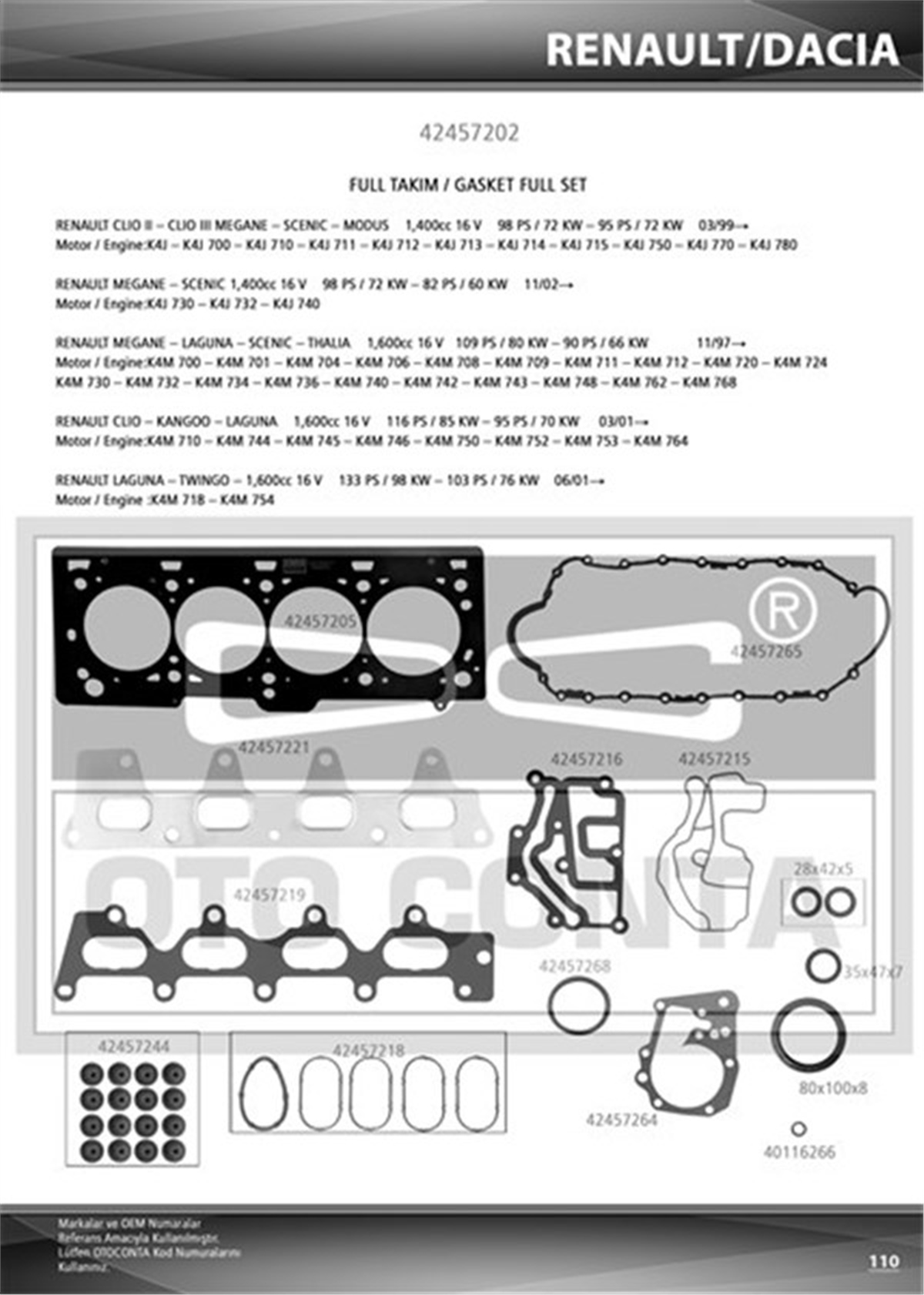 CLIOMOTOR TAKIM CONTASI MEGANE-CLIO-LGN-LOGAN 1.4-1.6 16V K4J-K4M KEÇELİ SUBAP LASTİKLİ OTOCONTA 42457202OTOCONTAOTOCONTA 42457202