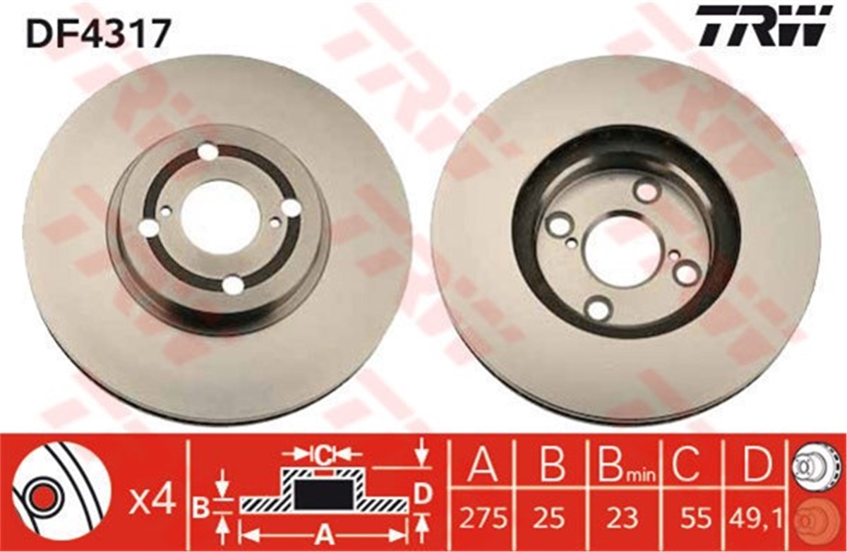 COROLLAÖN FREN AYNASI COROLLA 1.4 D-2.0 D E12 07-04 1.8 VVTL-İ TS 02 275X25X4DLXHAVALI TRW DF4317TRWTRW DF4317