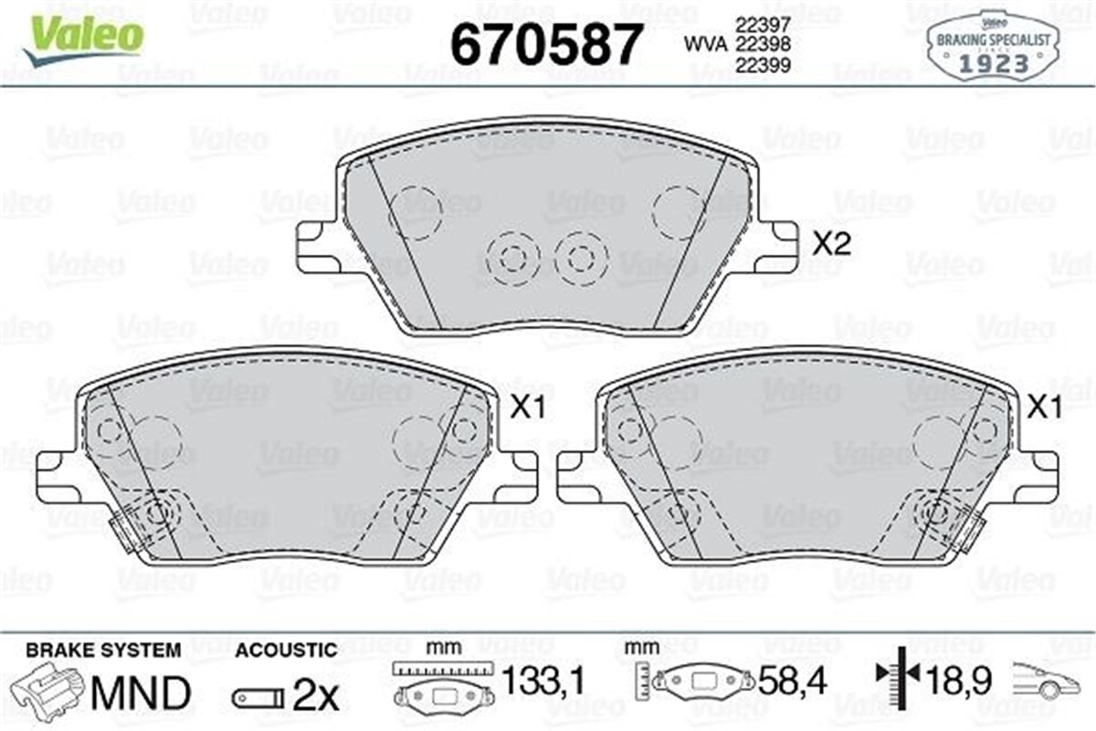 EGEAÖN DİSK FREN BALATASI FIAT EGEA 1.3 MJTD 16V 10.15 TIPO 1.6 MJTD 16V 05.16 VALEO 670587VALEOVALEO 670587
