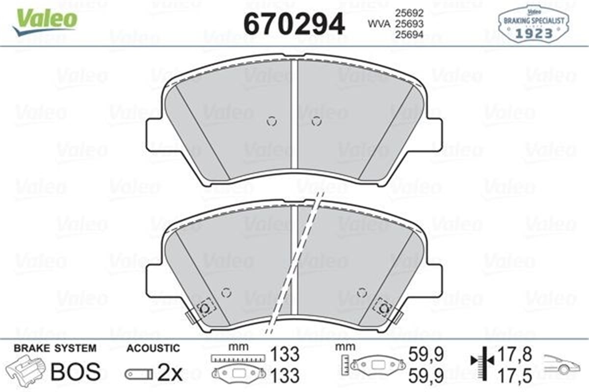 ELANTRAÖN BALATA ELANTRA 11-15 VELOSTER 11 VALEO 670294VALEOVALEO 670294
