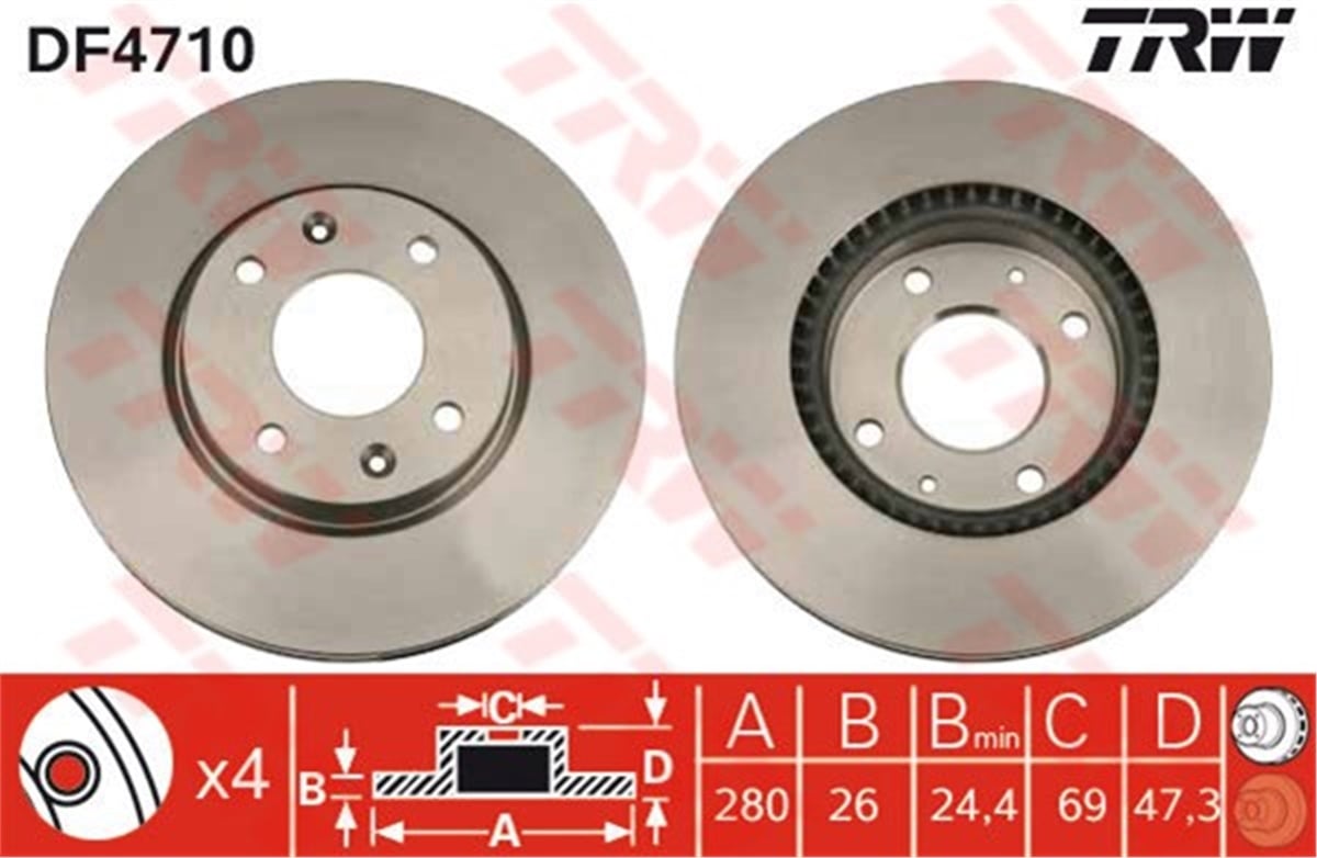 ELANTRAÖN FREN AYNASI ELANTRA II 00 SONATA IV 2.0İE 16V-2.7İE V6 01-04 280X26X4DLXHAVALI TRW DF4710TRWTRW DF4710