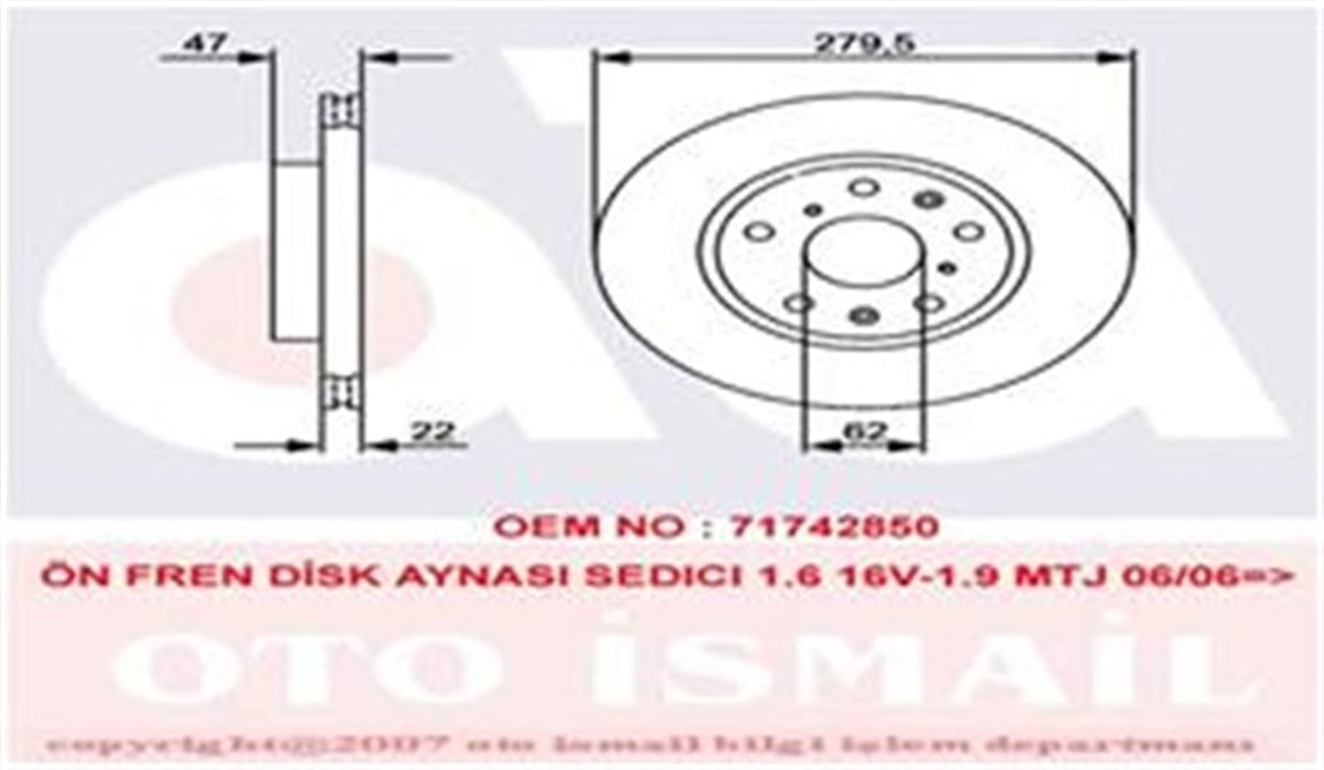 FIATÖN FREN AYNASI FIAT SEDICI 1.6 16V-1.9MTJ 06 SUZUKI SX4 1.5-1.6VVTI-1.9DDIS 06 279.5X22X5DLXHAVALI TRW DF4741TRWTRW DF4741