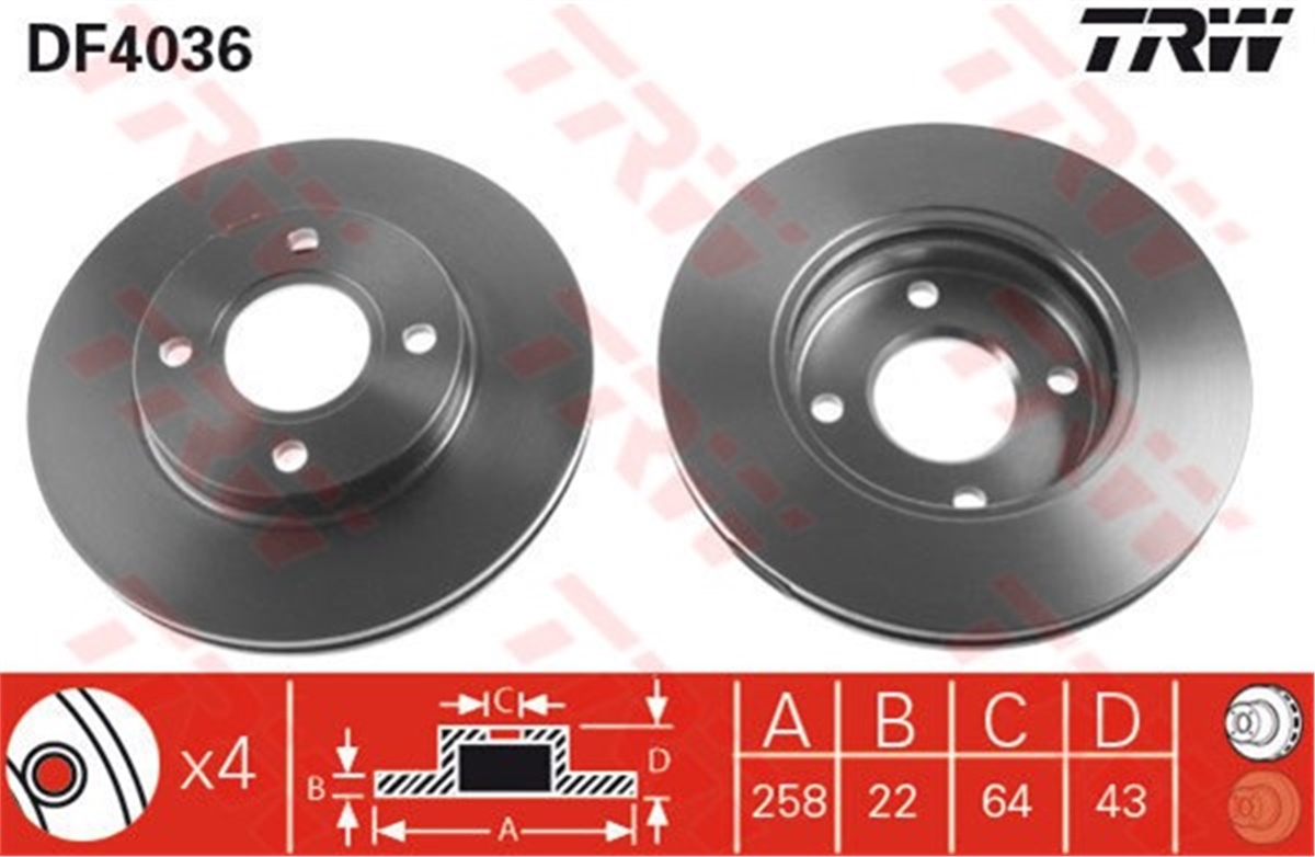FOCUSÖN FREN AYNASI FOCUS 98-11.04 FIESTA 1.4TDCİ 96 FUSION 8-02 KA 03 MAZDA 2 03 258X22X4DLXHAVALI TRW DF4036TRWTRW DF4036