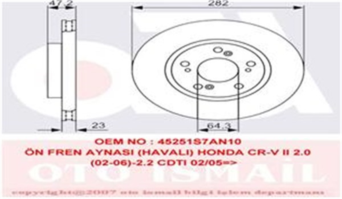 HONDAÖN FREN AYNASI HONDA CR-V II 2.0 02-06 2.2CDTI 05-06 FR-V 1.7-1.8-2.0-2.2 05 282X23X5DLXHAVALI TRW DF4486TRWTRW DF4486