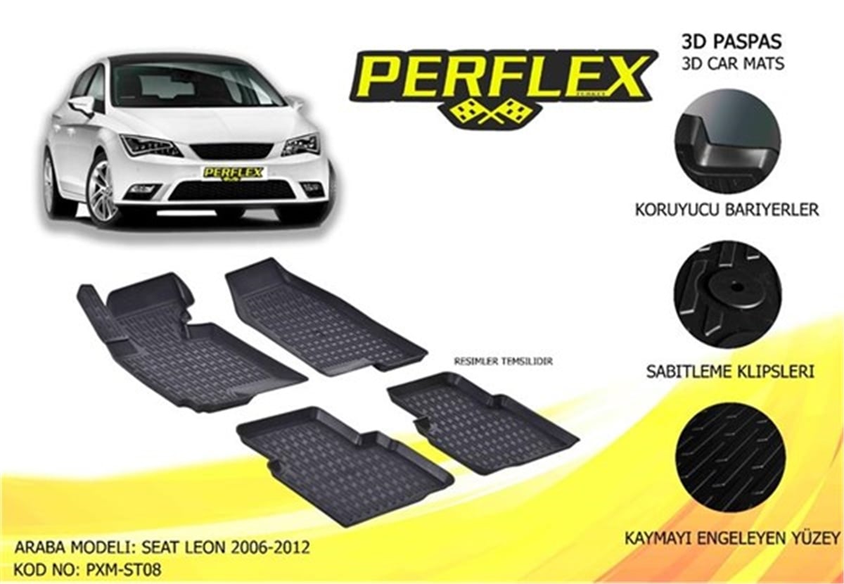 LEONPERFLEX 3D X-MAT HAVUZLU PASPAS ÇEŞİTLERİ SİYAH SEAT LEON 2006-2012 3D X-MAT 5 PCS PERFLEX PXM-ST08PERFLEXPERFLEX PXM-ST08