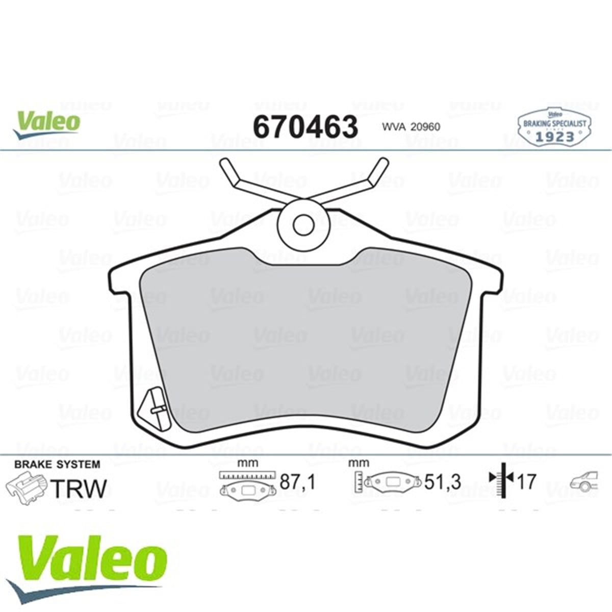 MEGANEARKA BALATA FLUENCE-MEGANE II-III-207-308-307-PARTNER-C3-C4-BORA-PASSAT 97 GOLF IV-V-POLO 87X52.9X17 VALEO 670463VALEOVALEO 670463