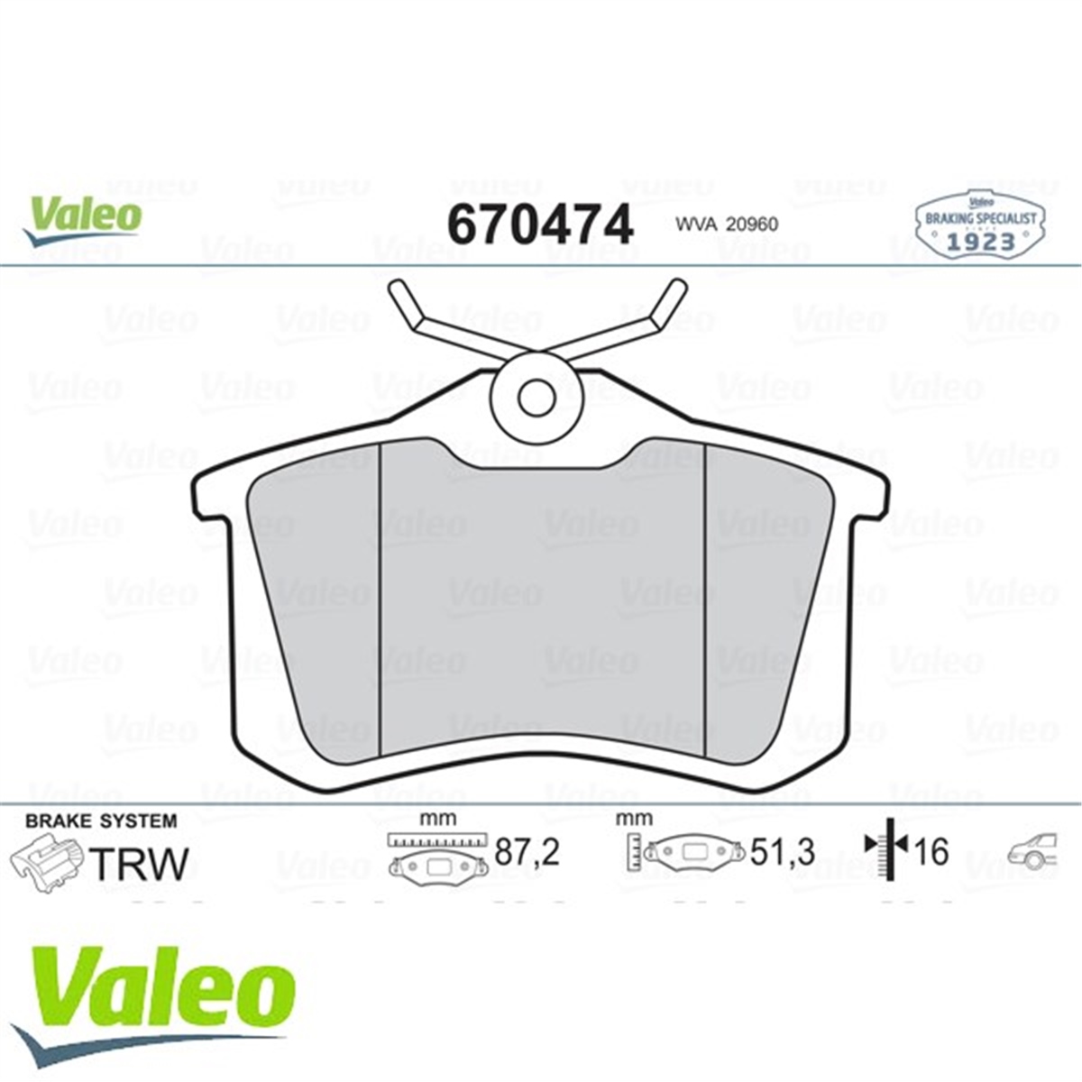 MEGANEARKA BALATA FLUENCE-MEGANE II-III-207-308-307-PARTNER-C3-C4-BORA-PASSAT 97 GOLF IV-V-POLO 87X53X17 VALEO 670474VALEOVALEO 670474