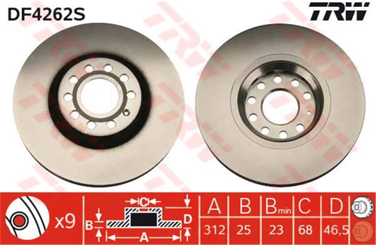 PASSATÖN FREN AYNASI PASSAT 1.6-1.9TDI-2.0-1.8T 00-5.05 A4 01 A6 97SUPERB 02 EXEO 09 312X25X10DLXHAVALI TRW DF4262STRWTRW DF4262S