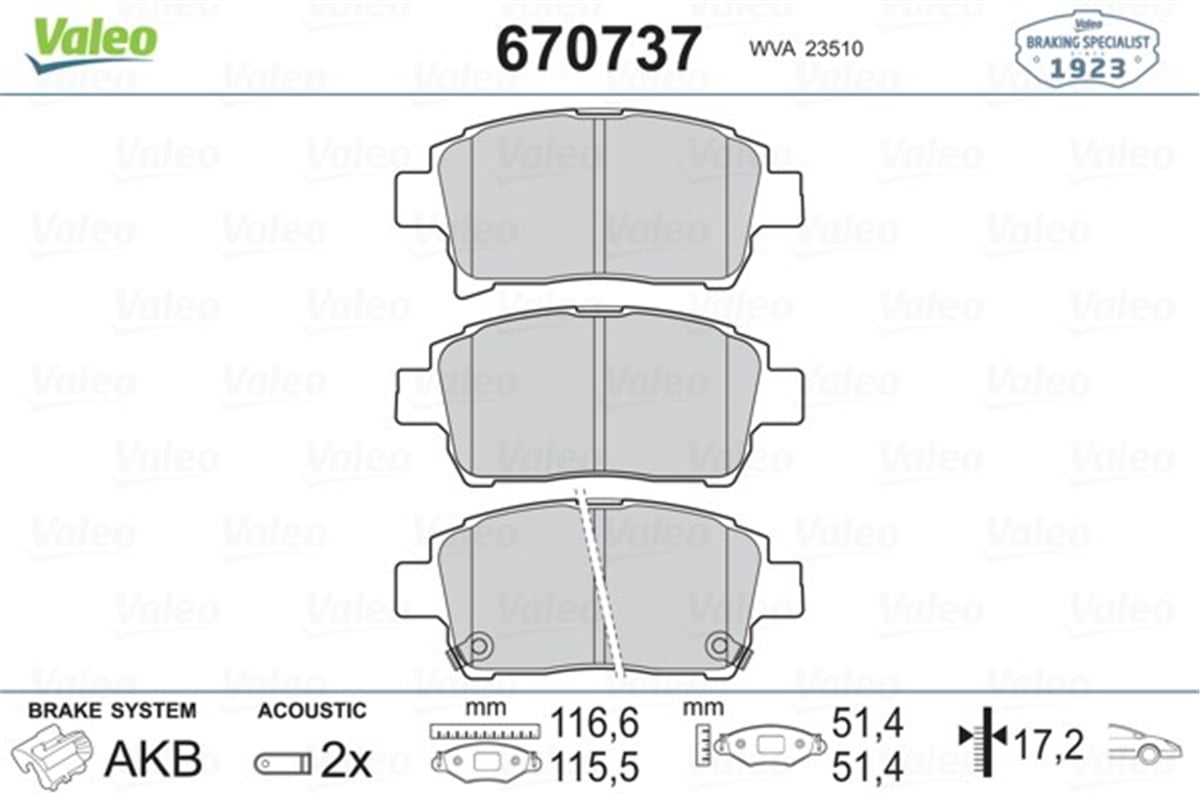 YEDEK PARÇA598737 DİSK FREN BALATASI ÖN ASCENT 2001-2003-CELICA 1999-2005-COROLLA 2002-2007-ECHO 03-05 VALEO 670737VALEOVALEO 670737