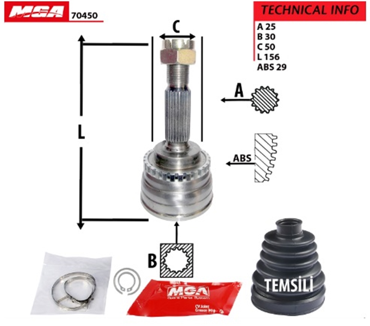 YEDEK PARÇAAKS KAFA DIS ABSLI-HYUNDAI ELANTRA 04>06   25×30×50xABS-29 495012D012 -MGA-70450MGAMGA-70450