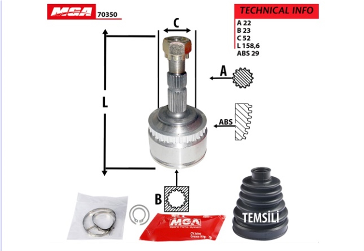 YEDEK PARÇAAKS KAFASI DIS ABSLI  OPEL  CORSA / COMBO C 1.7DT 1.3 CDTI 16V 2004-/ MERIVA 1.7 01- 1.3 CDTI 16V 2003-2010  29×22×23 374403 -MGA-70350MGAMGA-70350