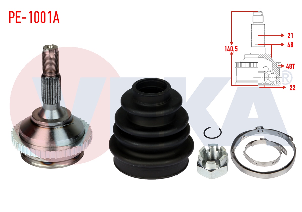 YEDEK PARÇAAKS KAFASI DIŞ PEUGEOT 206 2A/C 1.6i 16v ABSLI 48 DIŞ İÇTEN SEGMANLI 21X22X48 UZUNLUK 1405 mm 1998-2006VEKAPE-1001A