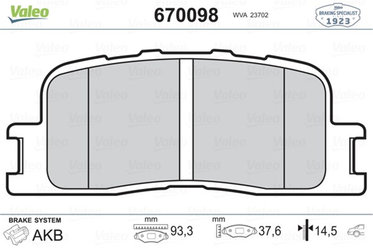 YEDEK PARÇAARKA BALATA CAMRY XV3 2.0 VVT-I 2.4 VVT-I 3.0 V6 3.3 VVT-I 08-2001-2006 VALEO 670098VALEOVALEO 670098