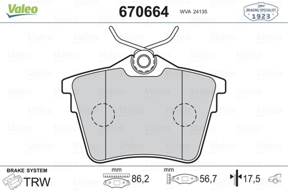 YEDEK PARÇAARKA BALATA P407 1.6 HDI 1.8-2.0 04 607 00 C5 08 VALEO 670664VALEOVALEO 670664