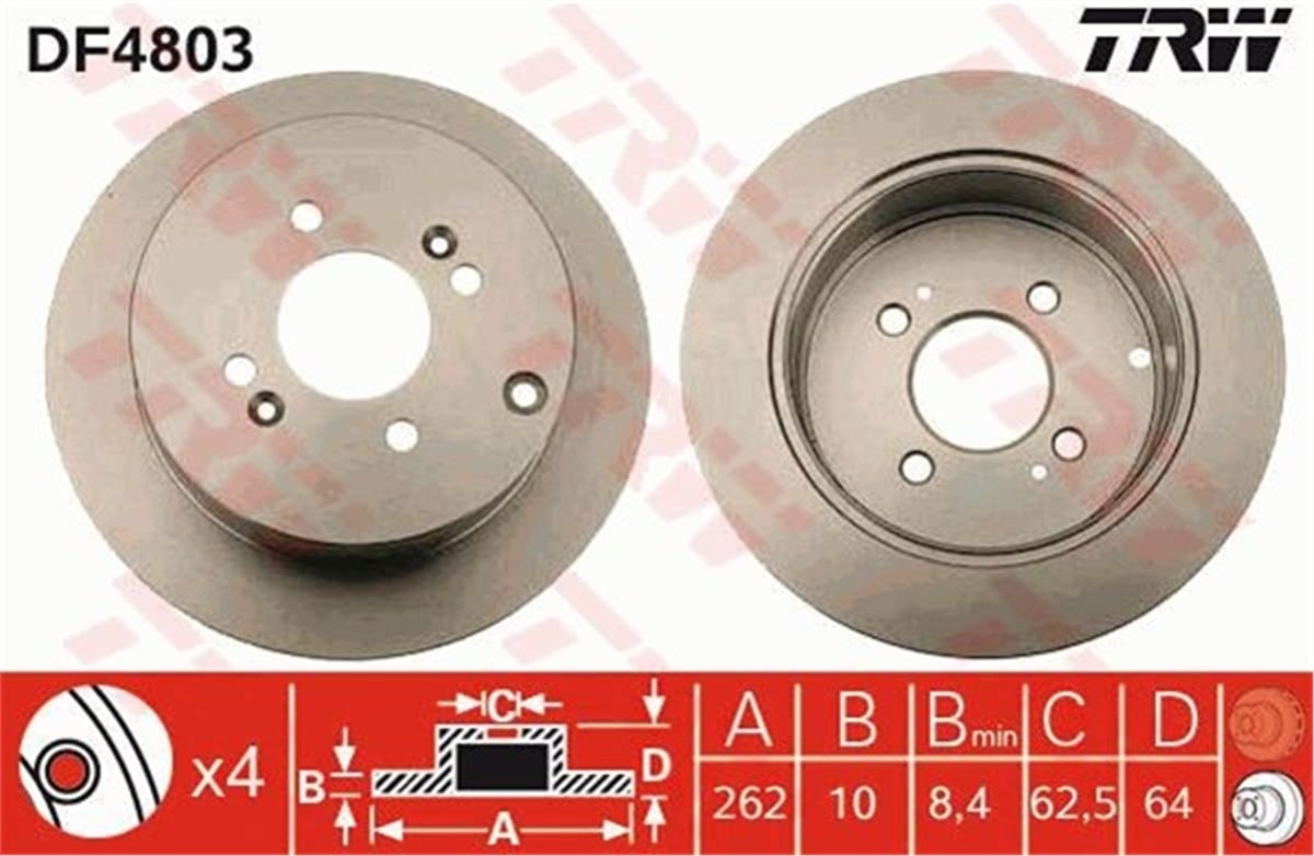YEDEK PARÇAARKA FREN AYNASI ACCENT1.4GL-1.6GLS-1.5CRDI 11-05 GETZ 1.6-1.5CRDI 09-02 İ20 08 RIO 05 262X10X4DL TRW DF4803TRWTRW DF4803