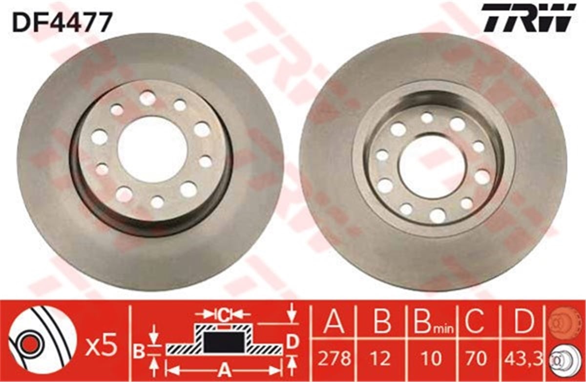 YEDEK PARÇAARKA FREN AYNASI ALFA 159 1.9JTDM 16V-1.9 JTDM 8V-1.9JTS-2.2JTS 05 ALFA 159 SW 06 BRERA 278MM TRW DF4477TRWTRW DF4477