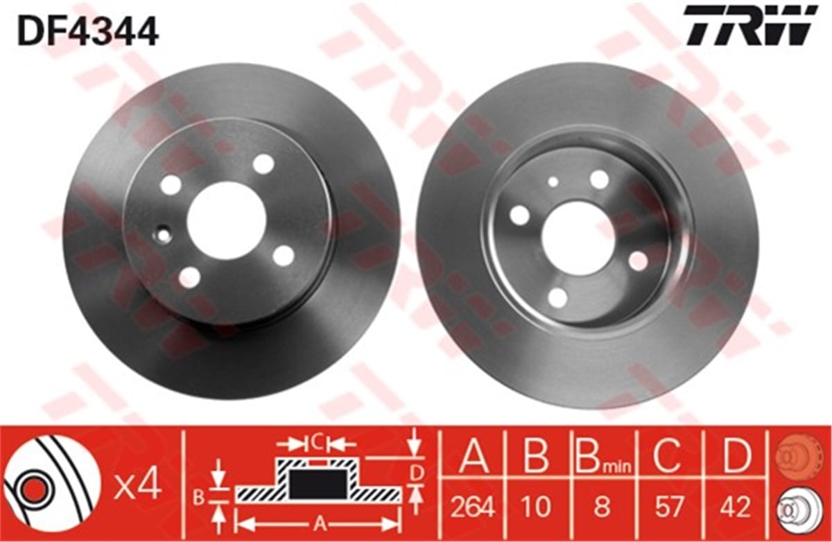 YEDEK PARÇAARKA FREN AYNASI ASTRA G H 98 COMBO C 1.7D 01 1.3CDTİ 05 MERIVA 1.6-1.3CDTİ 03 264X10X4DL TRW DF4344TRWTRW DF4344