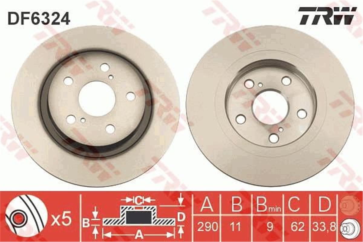 YEDEK PARÇAARKA FREN AYNASI AVENSIS 1.6-1.8-1.0-2.2D-4D08 290X11X5DL TRW DF6324TRWTRW DF6324