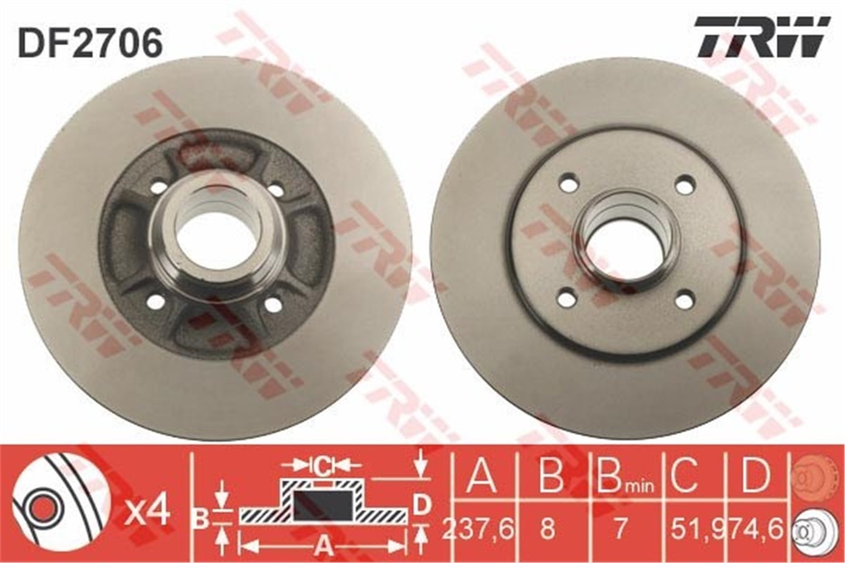 YEDEK PARÇAARKA FREN AYNASI CLIO II-MEGANE I-R19-1.8-2.0 16V 238X8X4DL TRW DF2706TRWTRW DF2706