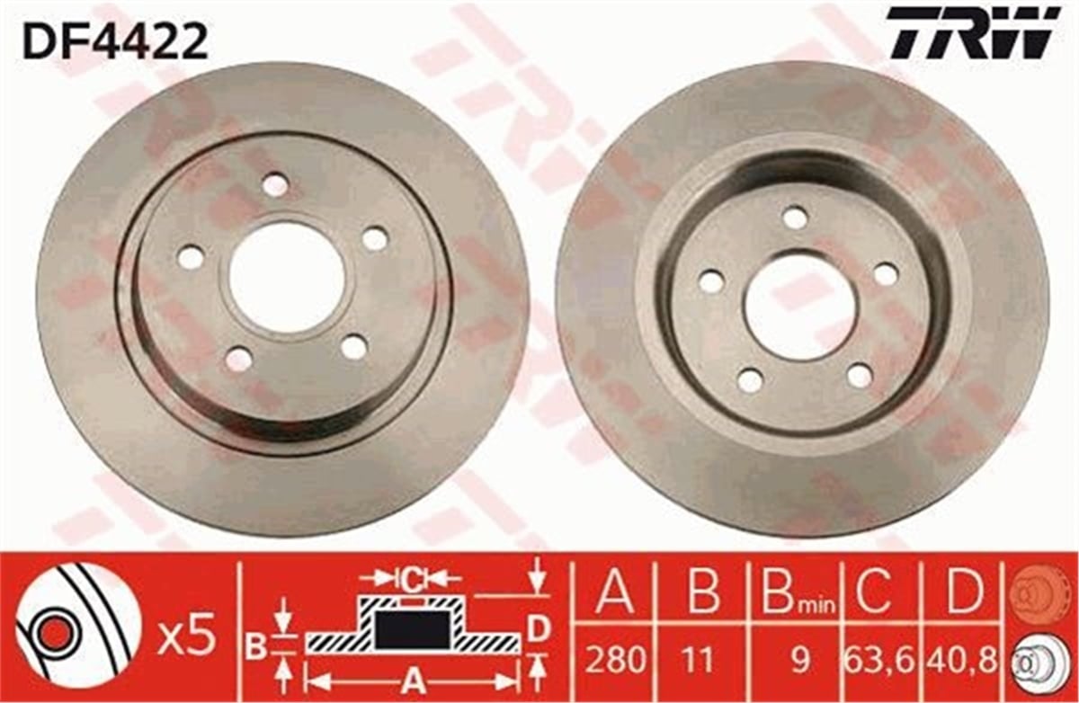 YEDEK PARÇAARKA FREN AYNASI FOCUS II 11.04 09 CMAX 03 09 VOLVO S40 C30 V50 V70 1.05 280X10.9X5DL TRW DF4422TRWTRW DF4422