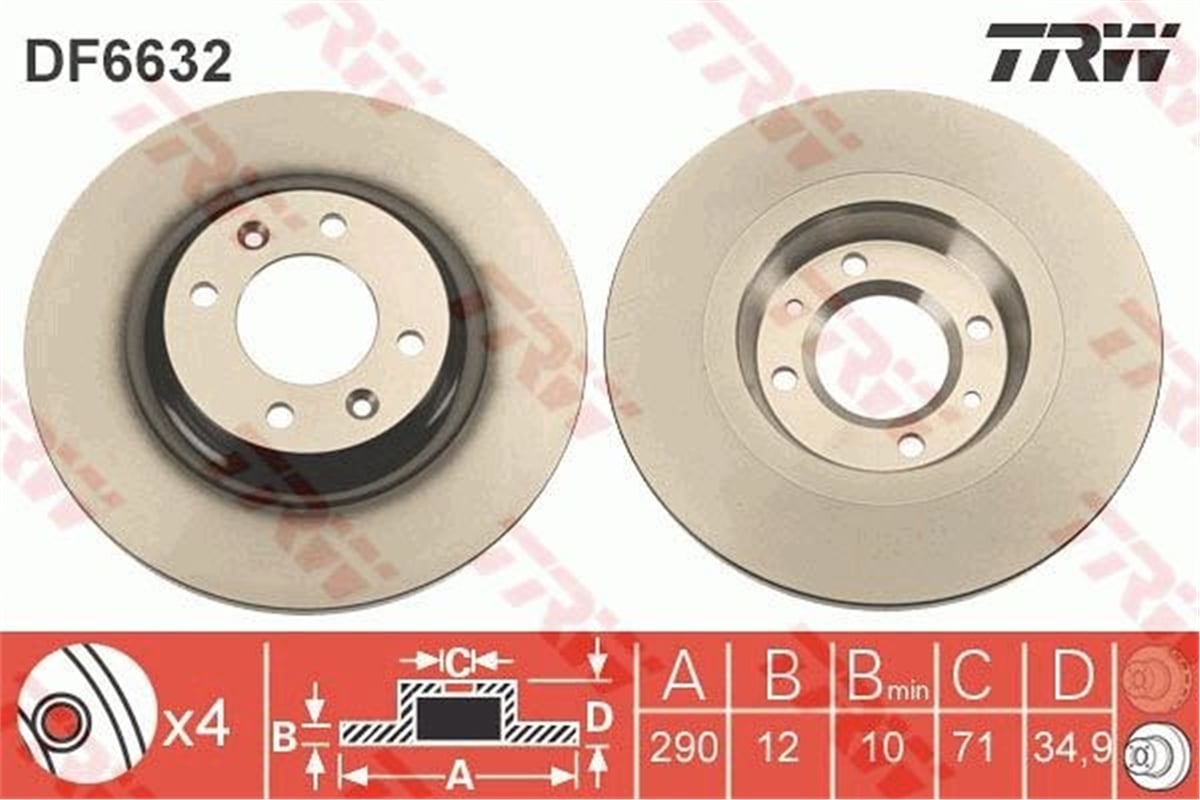 YEDEK PARÇAARKA FREN AYNASI P308 1.6GTI 10 P308 CC 1.6THP 10 C4 II 1.2THP-1.6THP 09 290X71X34.9 TRW DF6632TRWTRW DF6632