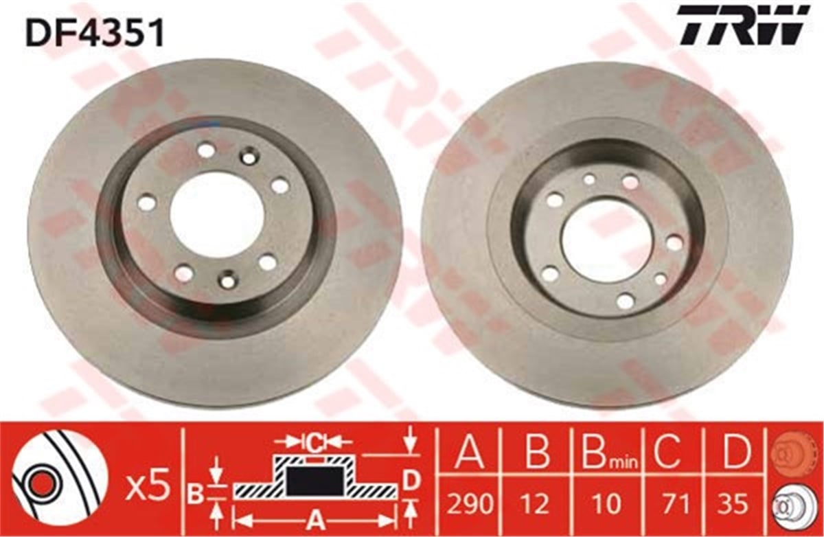 YEDEK PARÇAARKA FREN AYNASI P407 1.6HDI-1.8-2.0-2.0HDI-2.2-3.0 04 607 2.2 HDİ 00 C5 Y.M 08 290X12X5DL TRW DF4351TRWTRW DF4351