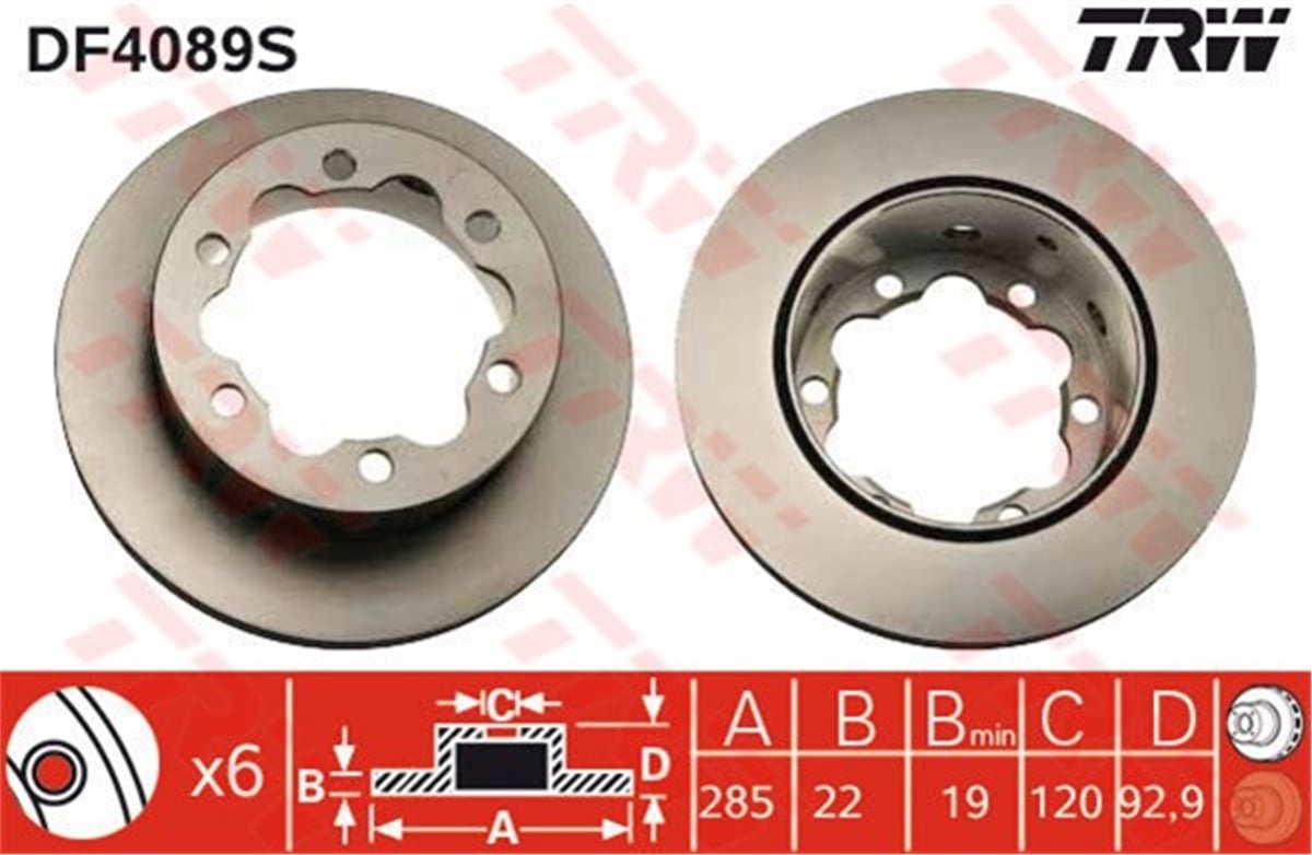YEDEK PARÇAARKA FREN AYNASI SPRINTER-LT 28-35-46 2.3-2.5SDI 96-06 -2.5-2.8TDI 99-06 285X22X6DLXHVL ÇİFT TEK TRW DF4089STRWTRW DF4089S