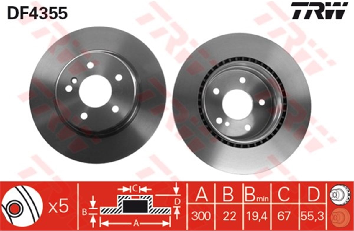YEDEK PARÇAARKA FREN AYNASI W203 S203 CL203 C209 A209 W210 300X22X19.4XHAVALI TRW DF4355TRWTRW DF4355