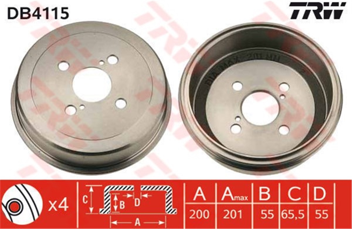YEDEK PARÇAARKA FREN KAMPANASI COROLLA-SW 92-97 EE101-111-AE101-111-AE102-CE110 200X201X55X66 4-2D TRW DB4115TRWTRW DB4115