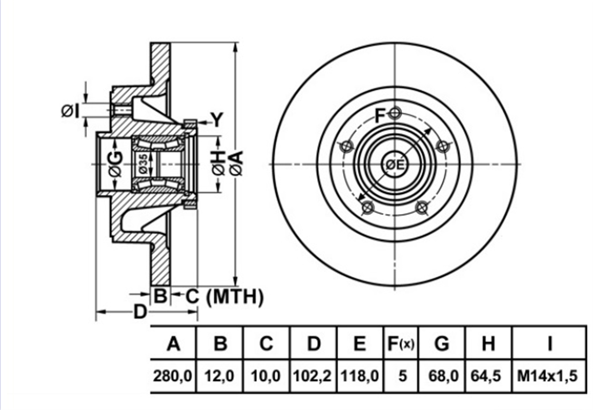 YEDEK PARÇAFREN DISK ARKA DUZ 280-5  RULMANSIZ  RENAULT TRAFIC II / OPEL VIVARO 03 - 13  7711130076 -MGA-50116MGAMGA-50116