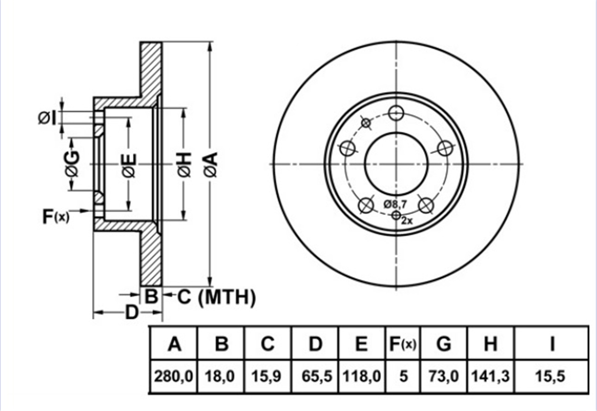 YEDEK PARÇAFREN DISK ON DUZ 280-5  FIAT DUCATO III 94 - 02 / PEUGEOT BOXER I II 94 - 02 1300500080 -MGA-50180MGAMGA-50180
