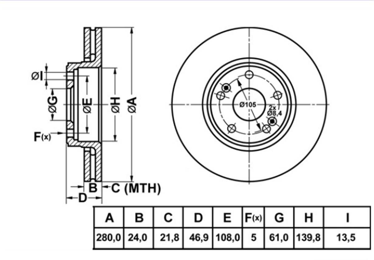 YEDEK PARÇAFREN DISK ON DUZ 280-5  RENAULT LAGUNA 01 -   8200007121 -MGA-50146MGAMGA-50146