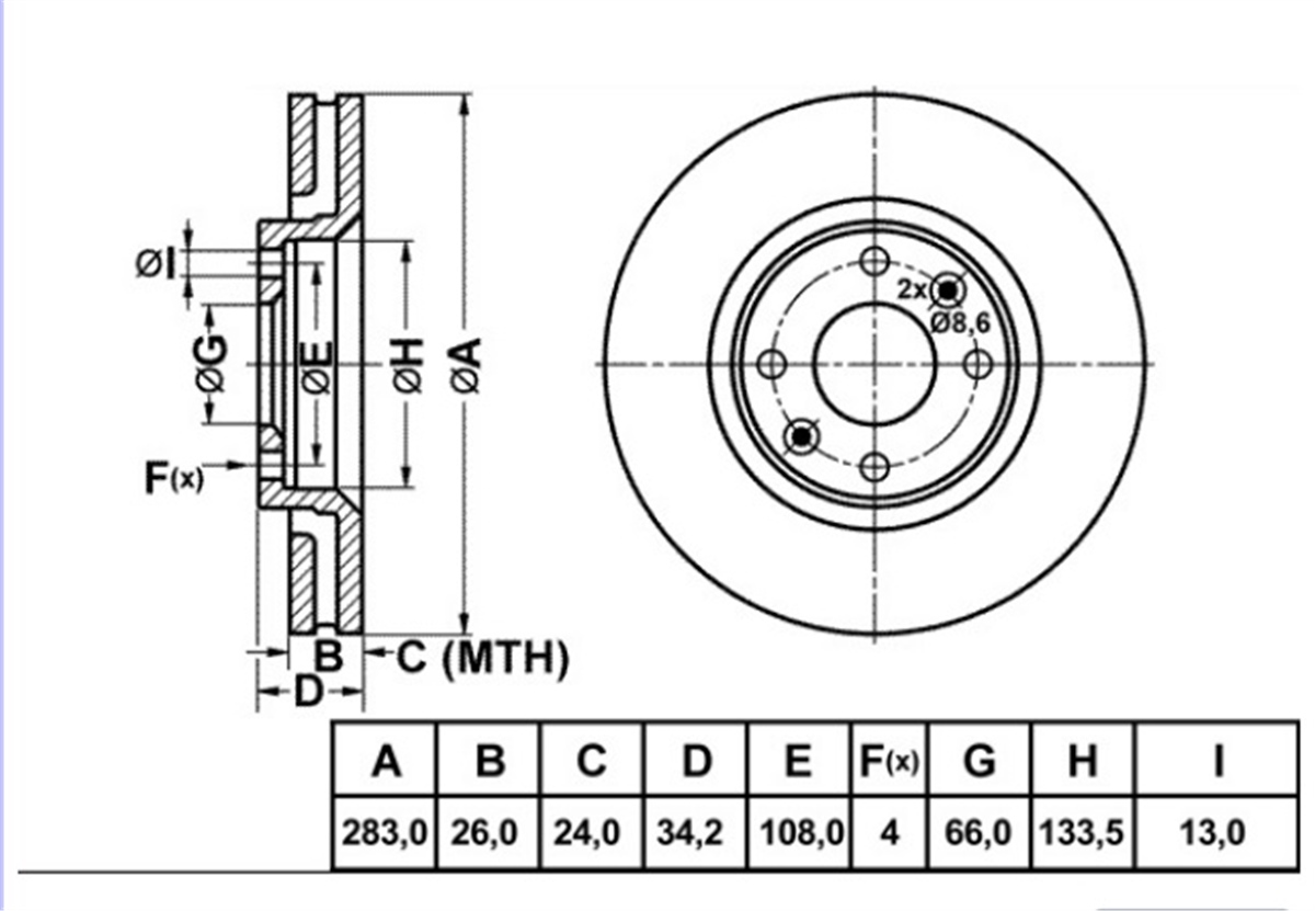 YEDEK PARÇAFREN DISK ON DUZ 283  PEUGEOT 207 307 PARTNER TEPEE / CITROEN C4 XSARA   4249J6 -MGA-50104MGAMGA-50104