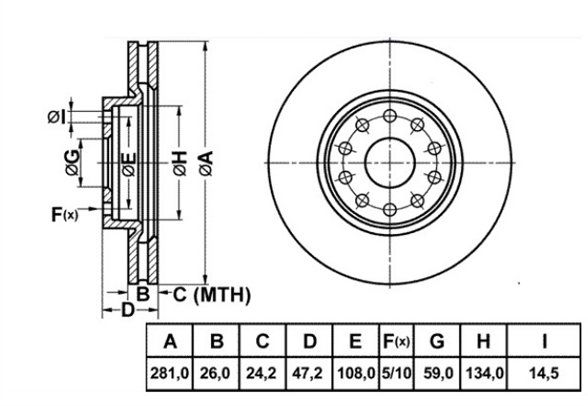 YEDEK PARÇAFREN DISK ON HAVA KANALLI 281-10  FIAT SCUDO  -  / CITROEN JUMPY  -  1309392080 -MGA-50181MGAMGA-50181