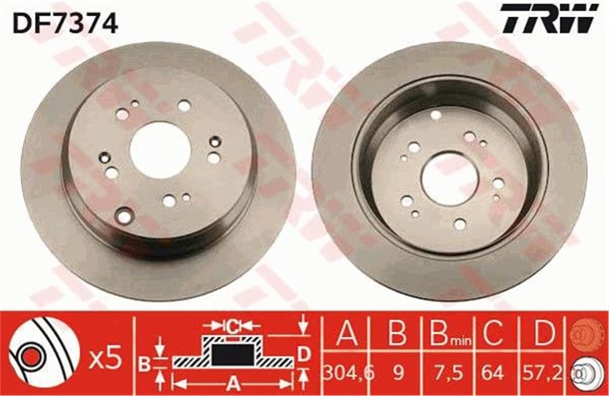 YEDEK PARÇAFREN DİSKİ ARKA CR-V II 2001-2006-CR-V III 2006 CR-V IV 2012 TRW DF7374TRWTRW DF7374
