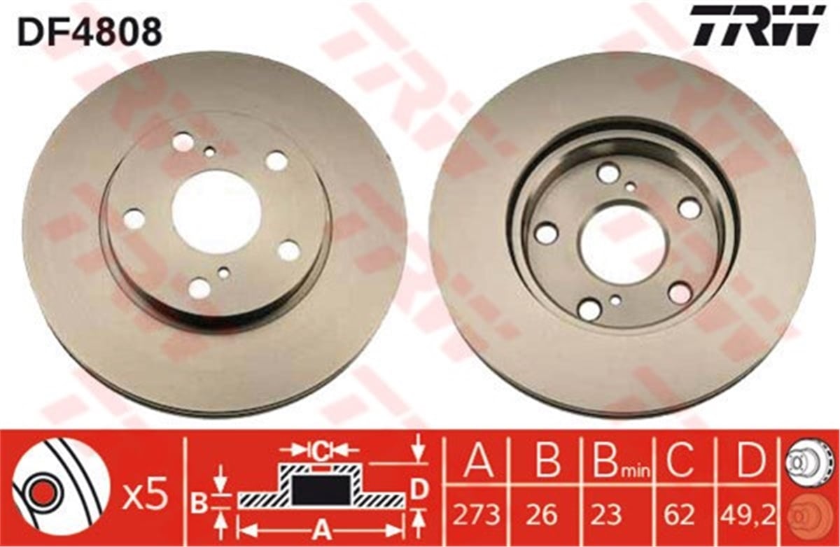 YEDEK PARÇAFREN DİSKİ ÖN . 43512-12690 JAPON COROLLA (E15) AURIS (E15) 07-12 RAV4 (A2) 01-05 07-12 1.4 D4D TRW TRW DF4808TRWTRW DF4808