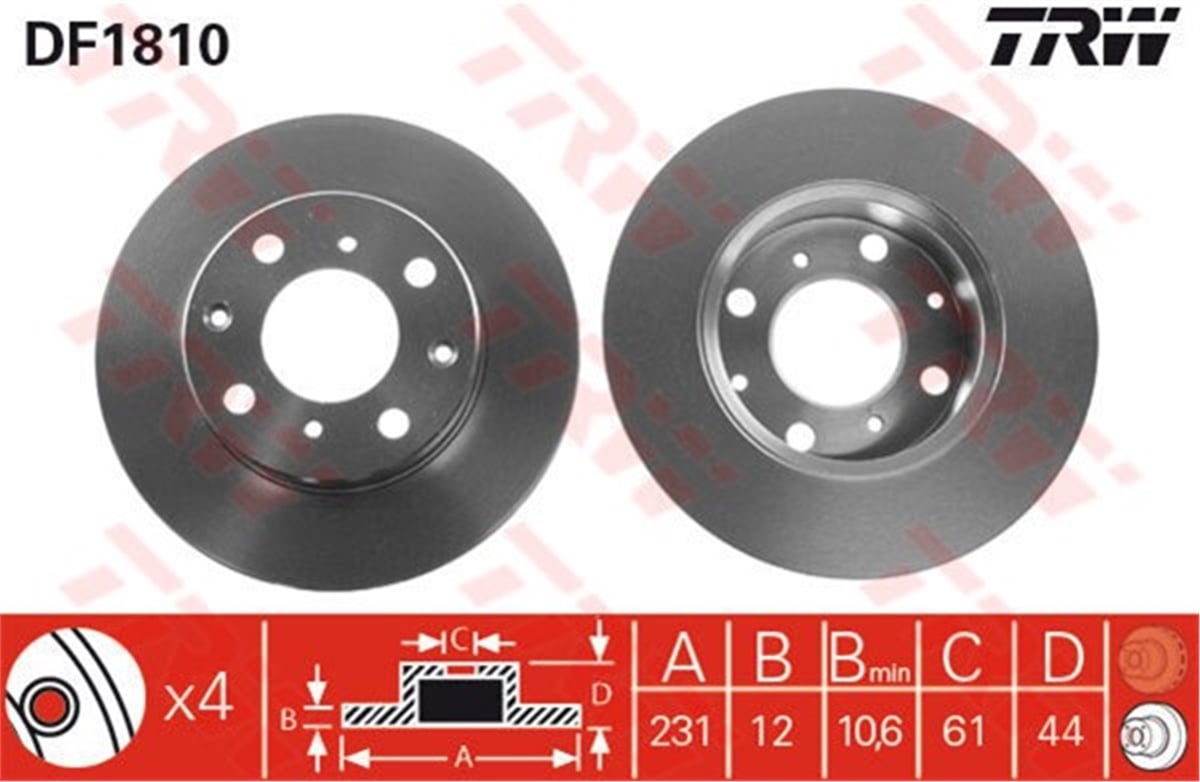 YEDEK PARÇAFREN DİSKİ ÖN CIVIC I 1983-1987-CIVIC III 1983-1987-CIVIC IV 1987-1991-CRX I 1983-1987 TRW DF1810TRWTRW DF1810
